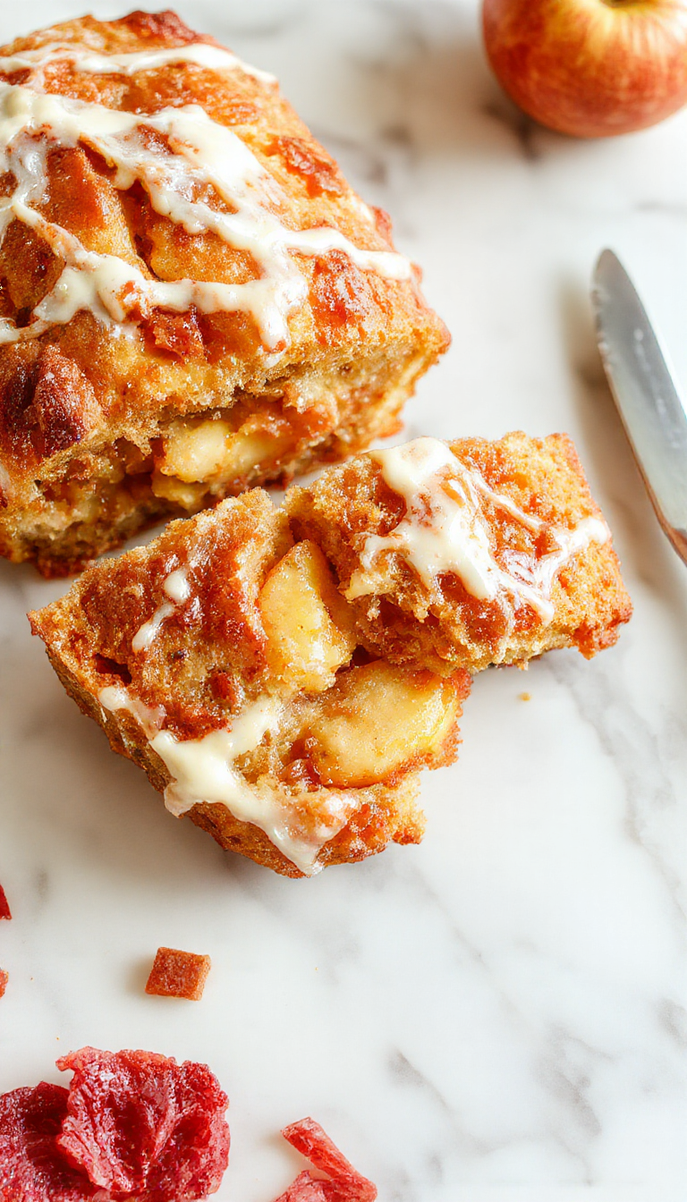 A slice of Amish Apple Fritter Bread on a rustic wooden plate, showing its golden-brown crust with a dusting of powdered sugar, and visible apple chunks inside. The bread's interior reveals a moist, tender crumb flecked with cinnamon and apple bits, with caramelized edges highlighting its richness. A few slices are stacked on a vintage napkin with a cinnamon stick and fresh apple slices nearby, set against a cozy fall-themed background.