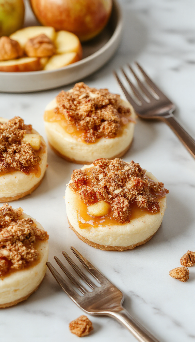 A close-up of mini cheesecakes topped with cinnamon-spiced apple slices and a caramel drizzle, arranged on a rustic wooden platter with a fall-themed background, showcasing golden-brown crusts and creamy filling amidst fresh apple slices and cinnamon sticks.