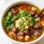 A steaming bowl of hearty beef noodle soup garnished with fresh chopped scallions. The soup features tender beef chunks, straight noodles, and a rich, flavorful broth, served in a rustic white bowl on a wooden table with a spoon resting beside it.