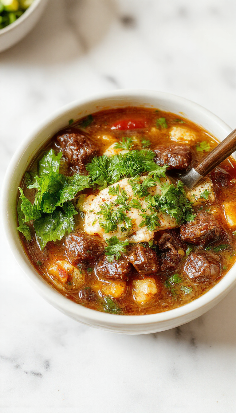 A steaming bowl of hearty beef noodle soup garnished with fresh chopped scallions. The soup features tender beef chunks, straight noodles, and a rich, flavorful broth, served in a rustic white bowl on a wooden table with a spoon resting beside it.