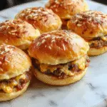 A close-up of three golden-brown cheeseburger sliders neatly arranged on a rustic wooden platter. The sliders are topped with melted cheese, fresh lettuce, and tomato slices, with sesame seed buns visibly soft and slightly toasted. The background hints at a cozy dining setting with a hint of greenery.