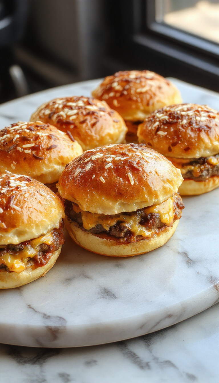 A close-up of three golden-brown cheeseburger sliders neatly arranged on a rustic wooden platter. The sliders are topped with melted cheese, fresh lettuce, and tomato slices, with sesame seed buns visibly soft and slightly toasted. The background hints at a cozy dining setting with a hint of greenery.