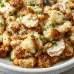 A golden-brown chicken and stuffing casserole served in a rustic white baking dish garnished with fresh herbs. The top features crispy stuffing with visible bits of herbs and vegetables, contrasting with the tender chicken underneath. The casserole is set on a wooden table, with a spoon partially submerged in the dish, and steam rising to evoke warmth and comfort.