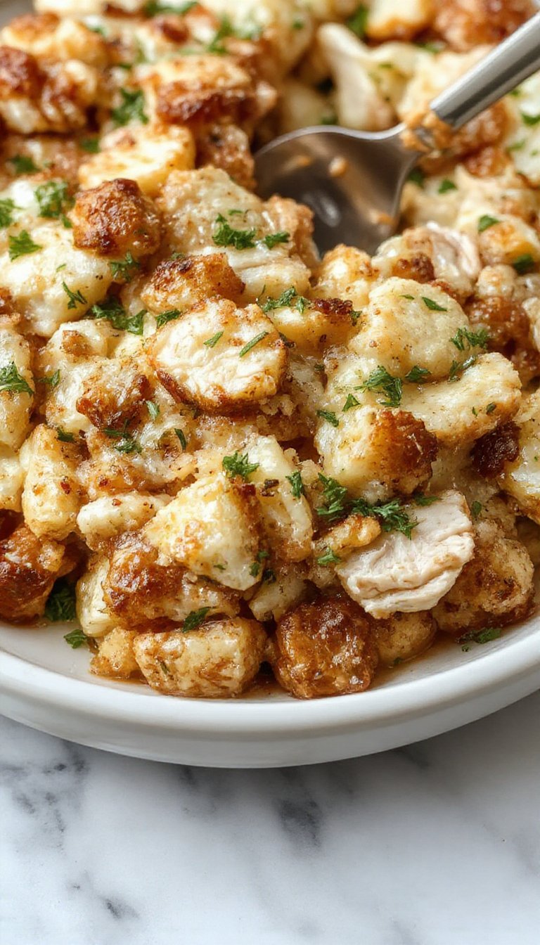 A golden-brown chicken and stuffing casserole served in a rustic white baking dish garnished with fresh herbs. The top features crispy stuffing with visible bits of herbs and vegetables, contrasting with the tender chicken underneath. The casserole is set on a wooden table, with a spoon partially submerged in the dish, and steam rising to evoke warmth and comfort.