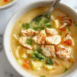 A bowl of creamy chicken noodle soup garnished with fresh herbs, topped with shredded chicken and tender egg noodles, served in a rustic white bowl on a wooden table with a cozy, inviting atmosphere.