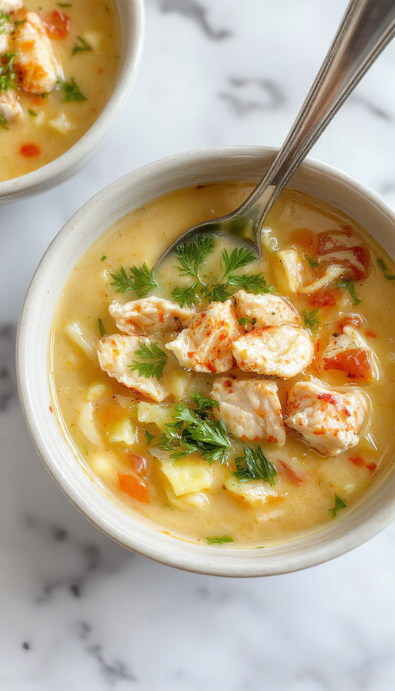 A bowl of creamy chicken noodle soup garnished with fresh herbs, topped with shredded chicken and tender egg noodles, served in a rustic white bowl on a wooden table with a cozy, inviting atmosphere.
