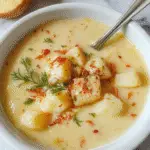 A hearty bowl of creamy potato soup garnished with chopped chives and a dollop of sour cream, surrounded by crispy hash brown potatoes and fresh herbs. The soup appears thick and velvety, with a golden-brown surface contrasting with the white creamy interior. The bowl is rustic and placed on a wooden table, with a spoon resting beside it, evoking warmth and comfort.