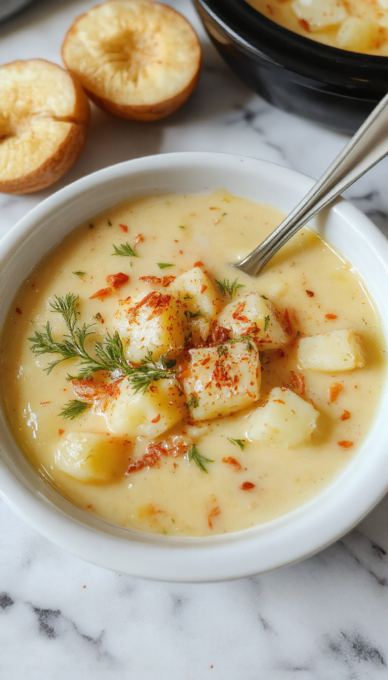 A hearty bowl of creamy potato soup garnished with chopped chives and a dollop of sour cream, surrounded by crispy hash brown potatoes and fresh herbs. The soup appears thick and velvety, with a golden-brown surface contrasting with the white creamy interior. The bowl is rustic and placed on a wooden table, with a spoon resting beside it, evoking warmth and comfort.