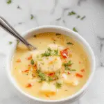A creamy, golden-brown potato soup served in a rustic white bowl, garnished with chopped herbs. The soup has a chunky texture with visible bits of hashbrowns and potatoes, steam gently rising indicating warmth. The background features a cozy kitchen setting with a wooden spoon resting on the bowl's edge and a blurred crockpot in the background.