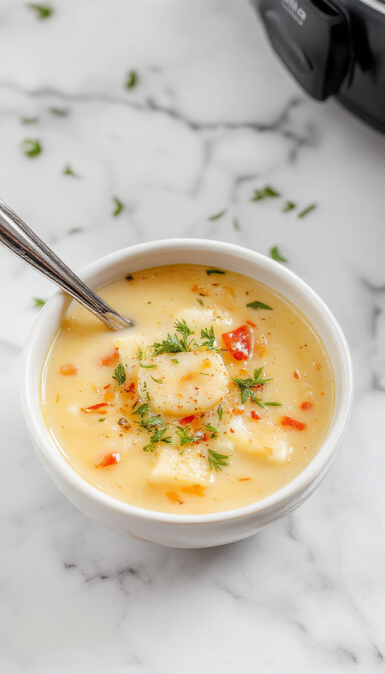 A creamy, golden-brown potato soup served in a rustic white bowl, garnished with chopped herbs. The soup has a chunky texture with visible bits of hashbrowns and potatoes, steam gently rising indicating warmth. The background features a cozy kitchen setting with a wooden spoon resting on the bowl's edge and a blurred crockpot in the background.