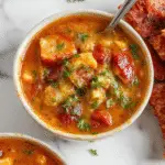 A rustic bowl of vibrant red Goulash Soup garnished with a dollop of sour cream and fresh chopped parsley. The soup is thick with chunks of tender beef, bell peppers, and vegetables, served on a wooden table with slices of crusty bread in the background. The rich, steaming broth showcases a hearty texture with visible herbs and spices.
