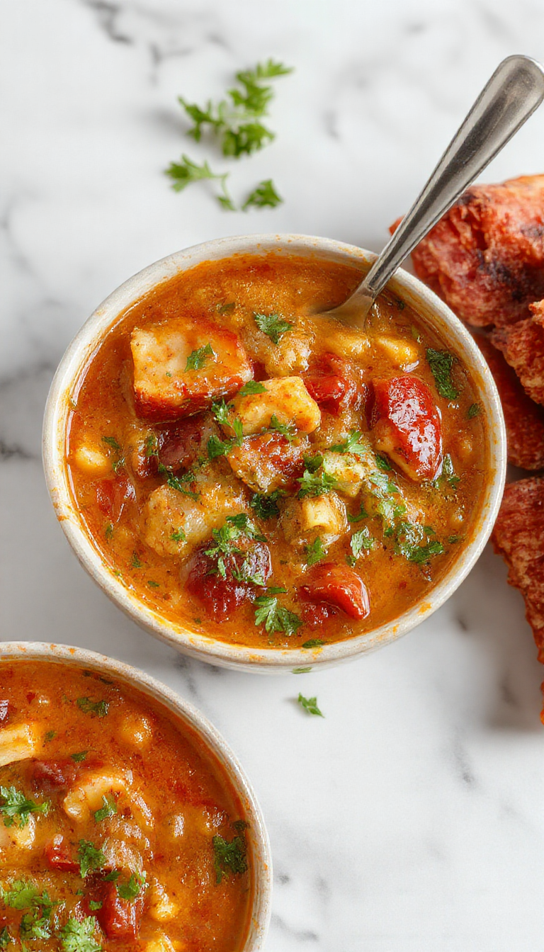 A rustic bowl of vibrant red Goulash Soup garnished with a dollop of sour cream and fresh chopped parsley. The soup is thick with chunks of tender beef, bell peppers, and vegetables, served on a wooden table with slices of crusty bread in the background. The rich, steaming broth showcases a hearty texture with visible herbs and spices.
