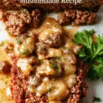 A hearty slice of homemade meatloaf topped with a rich, glossy mushroom gravy, served on a rustic white plate. The meatloaf has a browned crust and is garnished with fresh herbs, with steam gently rising from the gravy, highlighting its creamy texture. The background features a wooden table with side dishes and a fork alongside the plate.
