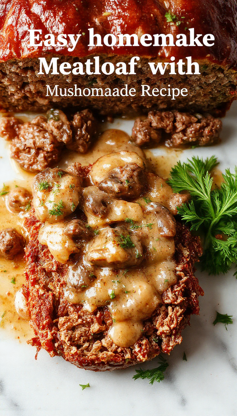 A hearty slice of homemade meatloaf topped with a rich, glossy mushroom gravy, served on a rustic white plate. The meatloaf has a browned crust and is garnished with fresh herbs, with steam gently rising from the gravy, highlighting its creamy texture. The background features a wooden table with side dishes and a fork alongside the plate.