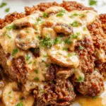 A hearty slice of homemade meatloaf topped with rich mushroom gravy, served on a rustic plate. The meatloaf has a golden-brown crust with visible herbs, while the gravy is smooth and glossy, containing sliced mushrooms. The presentation includes fresh herbs garnishing the plate, evoking warmth and comfort.