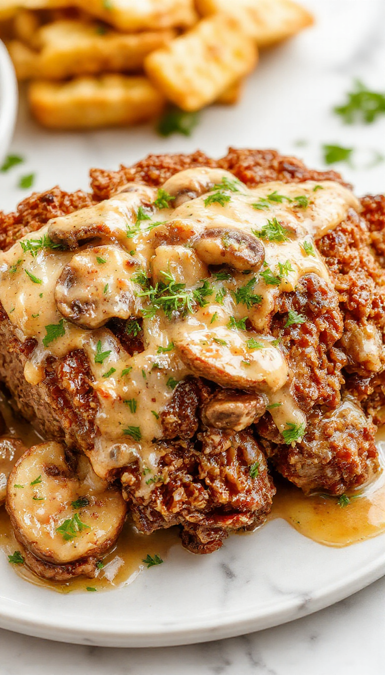 A hearty slice of homemade meatloaf topped with rich mushroom gravy, served on a rustic plate. The meatloaf has a golden-brown crust with visible herbs, while the gravy is smooth and glossy, containing sliced mushrooms. The presentation includes fresh herbs garnishing the plate, evoking warmth and comfort.