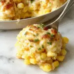 A golden-brown, baked Jiffy Corn Casserole in a rustic oval dish with a crispy top and slightly bubbly edges. The casserole is garnished with fresh herbs and surrounded by a warm, inviting kitchen setting, with a spoon partially inserted revealing its creamy, moist interior and tender corn kernels.
