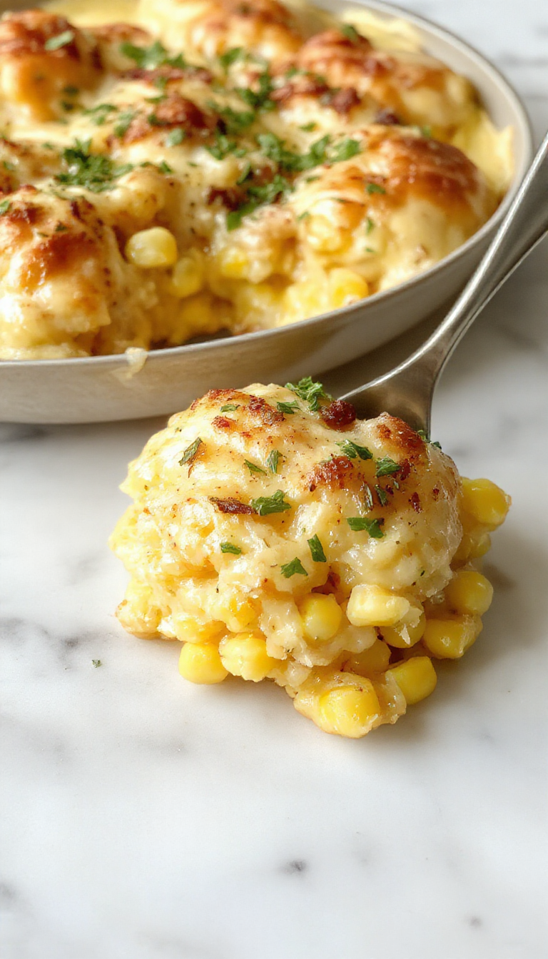 A golden-brown, baked Jiffy Corn Casserole in a rustic oval dish with a crispy top and slightly bubbly edges. The casserole is garnished with fresh herbs and surrounded by a warm, inviting kitchen setting, with a spoon partially inserted revealing its creamy, moist interior and tender corn kernels.