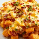 A close-up of a baked sweet potato casserole topped with toasted marshmallows, golden brown and melted, with crispy edges and a caramelized surface, served in a rustic ceramic dish with a scoop taken out to reveal the fluffy, sweet potato base inside.