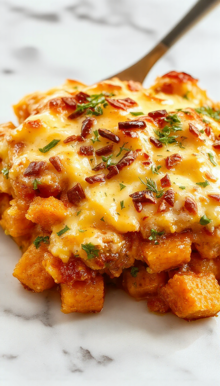 A close-up of a baked sweet potato casserole topped with toasted marshmallows, golden brown and melted, with crispy edges and a caramelized surface, served in a rustic ceramic dish with a scoop taken out to reveal the fluffy, sweet potato base inside.