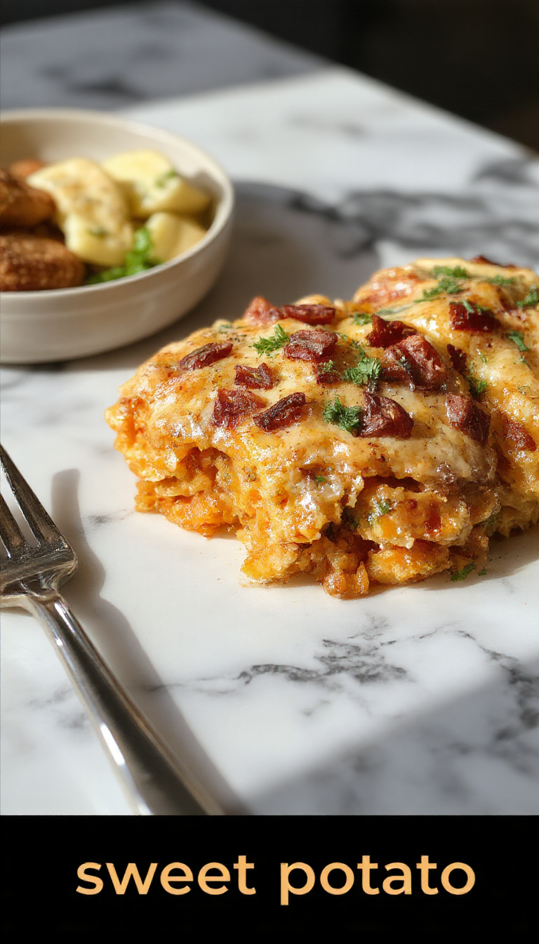 A golden-brown sweet potato casserole topped with melted marshmallows, with a crispy, caramelized crust visible. The dish is presented in a rustic ceramic baking dish, garnished with a few toasted marshmallows on top, with a warm, inviting glow emphasizing its comforting appeal.