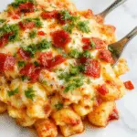 A close-up of a cheesy taco macaroni and cheese dish served in a rustic ceramic bowl. The dish is topped with melted cheese, seasoned ground beef, diced tomatoes, and fresh cilantro. The vibrant colors of the ingredients contrast beautifully with the creamy, golden cheese coating the pasta, and a sprinkle of shredded cheese is visible on top. The background features a wooden table with chopped ingredients and a spoon, emphasizing the homemade, hearty appeal of this dinner.