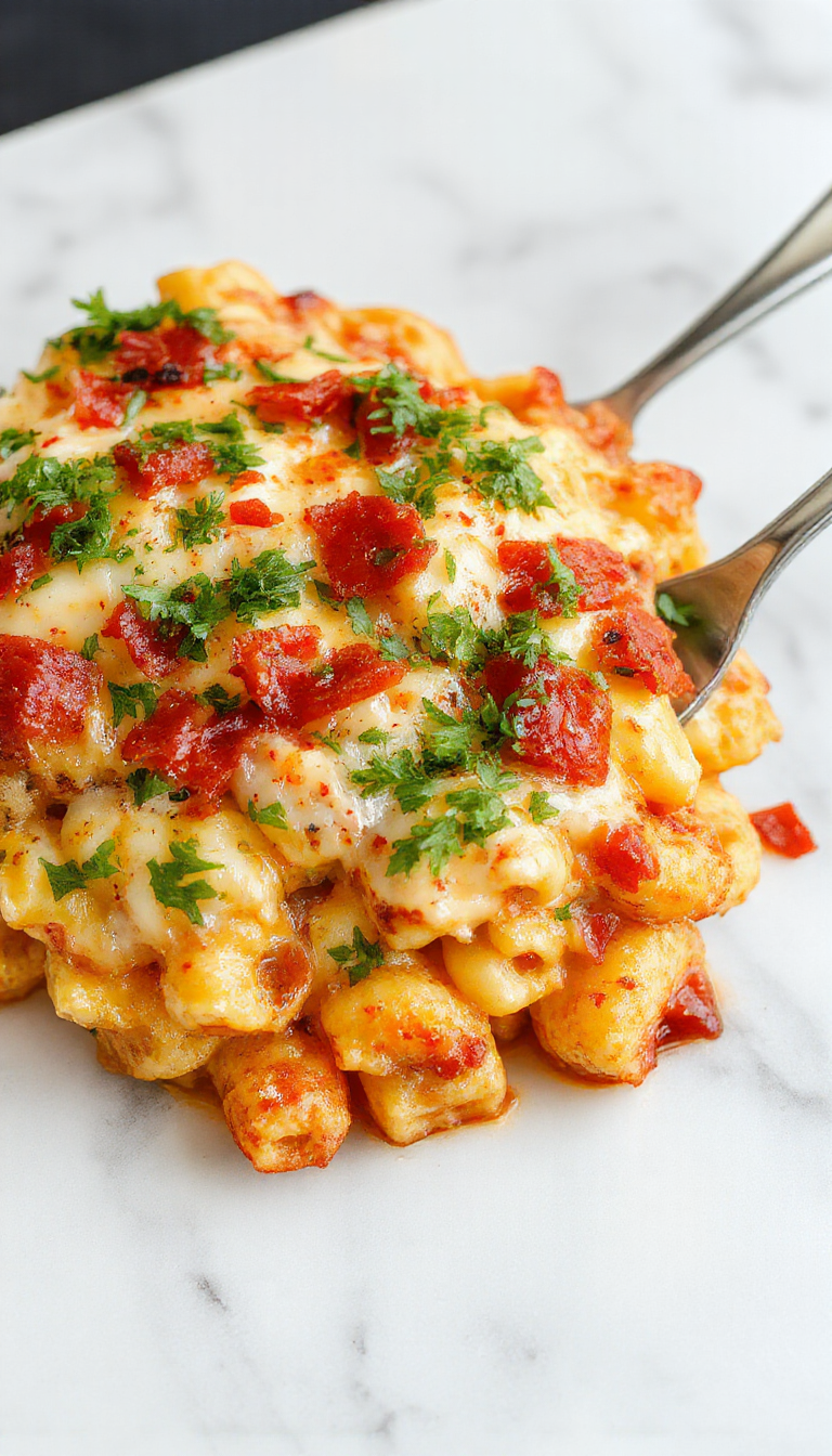 A close-up of a cheesy taco macaroni and cheese dish served in a rustic ceramic bowl. The dish is topped with melted cheese, seasoned ground beef, diced tomatoes, and fresh cilantro. The vibrant colors of the ingredients contrast beautifully with the creamy, golden cheese coating the pasta, and a sprinkle of shredded cheese is visible on top. The background features a wooden table with chopped ingredients and a spoon, emphasizing the homemade, hearty appeal of this dinner.