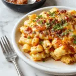 A vibrant bowl of taco macaroni and cheese topped with shredded cheese, fresh salsa, and chopped cilantro. The dish features a creamy cheese sauce with visible pasta and savory taco seasonings, presented on a rustic wooden table with a spoon nearby, garnished with lime wedges and sliced jalapenos in the background.