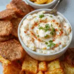 A vibrant bowl of creamy corn dip garnished with chopped cilantro, sprinkled with paprika, and topped with shredded cheese. The dip is served in a rustic white dish, surrounded by crispy tortilla chips and fresh lime wedges. The background features a colorful, festive table setting with a hint of greenery and party ambiance.