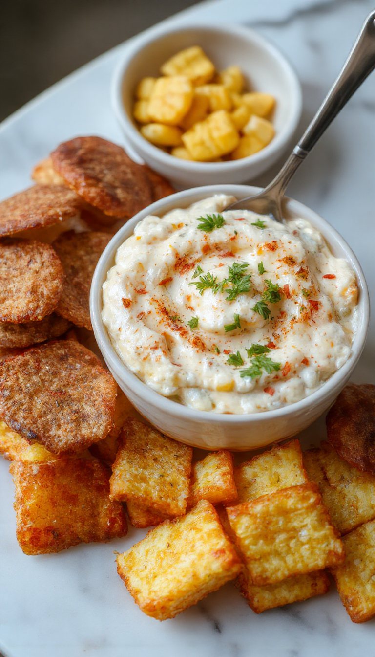 A vibrant bowl of creamy corn dip garnished with chopped cilantro, sprinkled with paprika, and topped with shredded cheese. The dip is served in a rustic white dish, surrounded by crispy tortilla chips and fresh lime wedges. The background features a colorful, festive table setting with a hint of greenery and party ambiance.