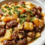 A golden-brown baked casserole dish topped with melted cheese and caramelized onions, with strands of beef and pasta visible through a crispy crust, garnished with fresh herbs.