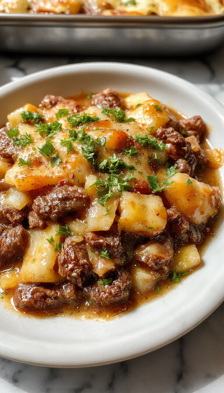A golden-brown baked casserole dish topped with melted cheese and caramelized onions, with strands of beef and pasta visible through a crispy crust, garnished with fresh herbs.