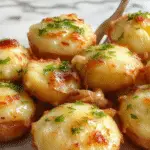 A creamy casserole dish topped with crispy golden French fried onions and melted cheese, garnished with chopped herbs, presented on a rustic wooden table