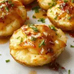 A close-up of a baked casserole dish topped with golden crispy French fried onions and melted cheesy potato mixture, garnished with fresh herbs, served in a rustic ceramic dish on a wooden table.