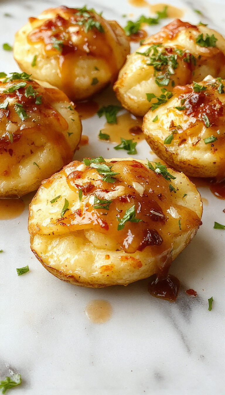 A close-up of a baked casserole dish topped with golden crispy French fried onions and melted cheesy potato mixture, garnished with fresh herbs, served in a rustic ceramic dish on a wooden table.
