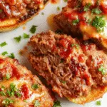 A rustic oval-shaped meatloaf glazed with caramelized onions and a savory sauce, topped with crispy fried onion strings, served on a white ceramic plate with fresh herbs and a side salad, set against a wooden table backdrop.