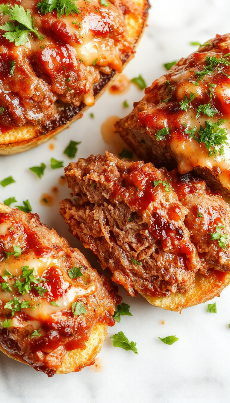 A rustic oval-shaped meatloaf glazed with caramelized onions and a savory sauce, topped with crispy fried onion strings, served on a white ceramic plate with fresh herbs and a side salad, set against a wooden table backdrop.