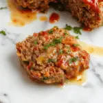 A hearty French Onion Meatloaf sliced open to reveal a tender, juicy interior. The meatloaf is glazed with caramelized onions on top, garnished with fresh herbs, and served on a rustic wooden platter. The background features a bowl of caramelized onions and a small dish of gravy, enhancing the dish's savory appeal.