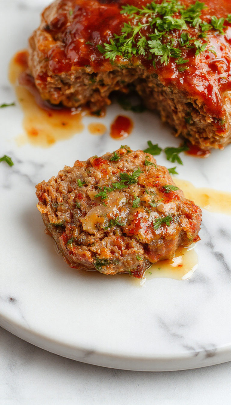 A hearty French Onion Meatloaf sliced open to reveal a tender, juicy interior. The meatloaf is glazed with caramelized onions on top, garnished with fresh herbs, and served on a rustic wooden platter. The background features a bowl of caramelized onions and a small dish of gravy, enhancing the dish's savory appeal.