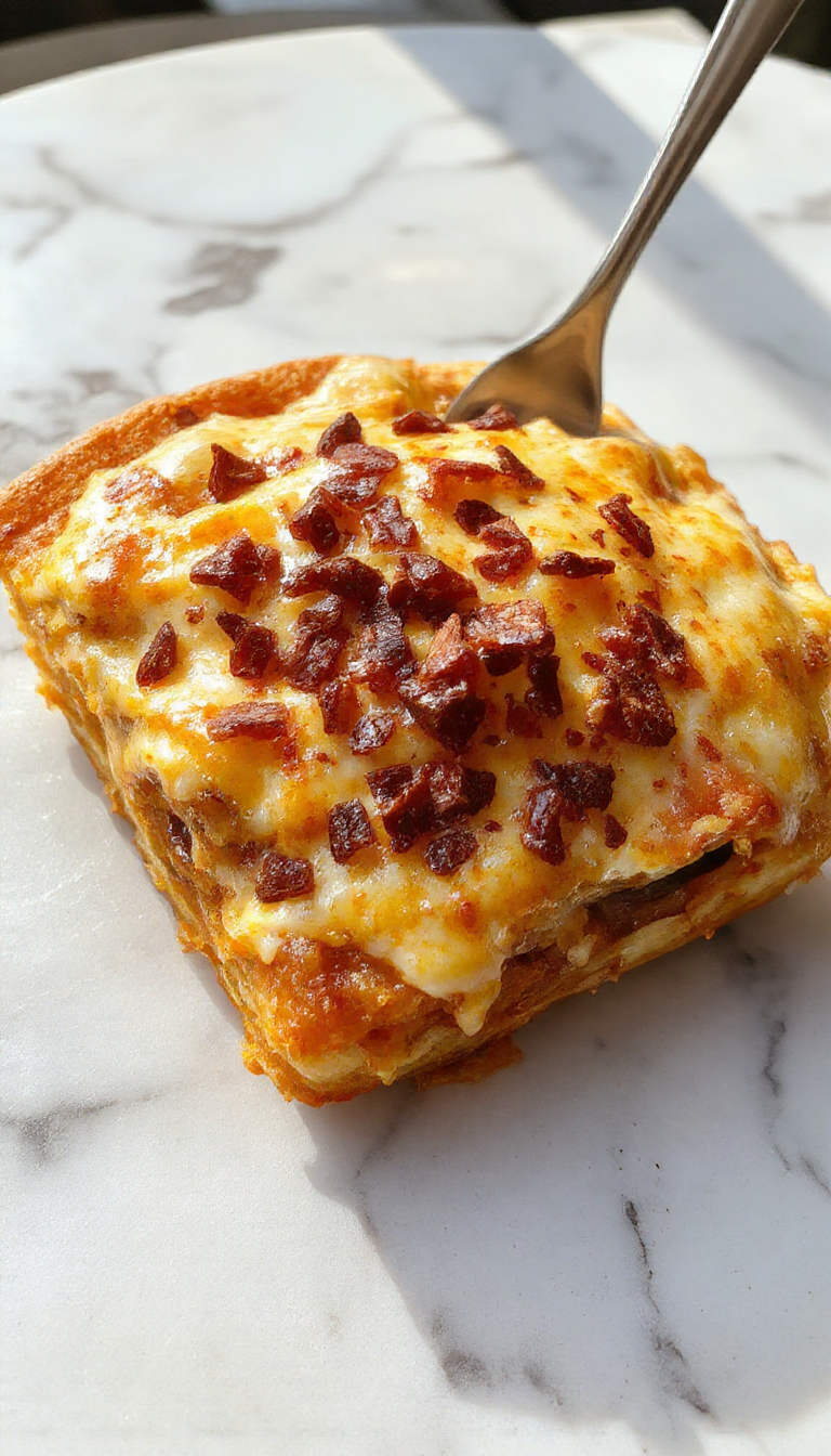 A close-up of a slice of Frito Taco Pie on a white plate, topped with shredded lettuce, diced tomatoes, cheese, and sour cream. The pie has a crispy Fritos corn chips crust with layers of seasoned ground beef, melted cheese, and vibrant toppings, set against a rustic wooden background.
