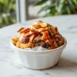 A close-up of a freshly baked Frito Taco Pie served on a rustic plate. The golden crispy Fritos crust is topped with seasoned ground beef, melted cheese, shredded lettuce, diced tomatoes, and a swirl of sour cream. The vibrant colors of the toppings contrast with the hearty, golden-brown casserole base, highlighting the layers and textures.