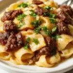 A close-up of a creamy garlic butter sauce coating al dente bowtie pasta, topped with tender ground beef chunks and garnished with fresh herbs on a rustic white plate.