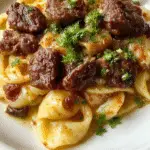 A close-up of a stylish white bowl filled with creamy garlic butter ground beef pasta, topped with freshly chopped parsley and a sprinkle of grated cheese. The bowtie pasta is coated in a rich, buttery sauce with bits of browned ground beef visible throughout, set against a rustic wooden table with a few cloves of garlic and sprigs of parsley nearby. The dish appears hot and appetizing, with a glossy finish and inviting texture.