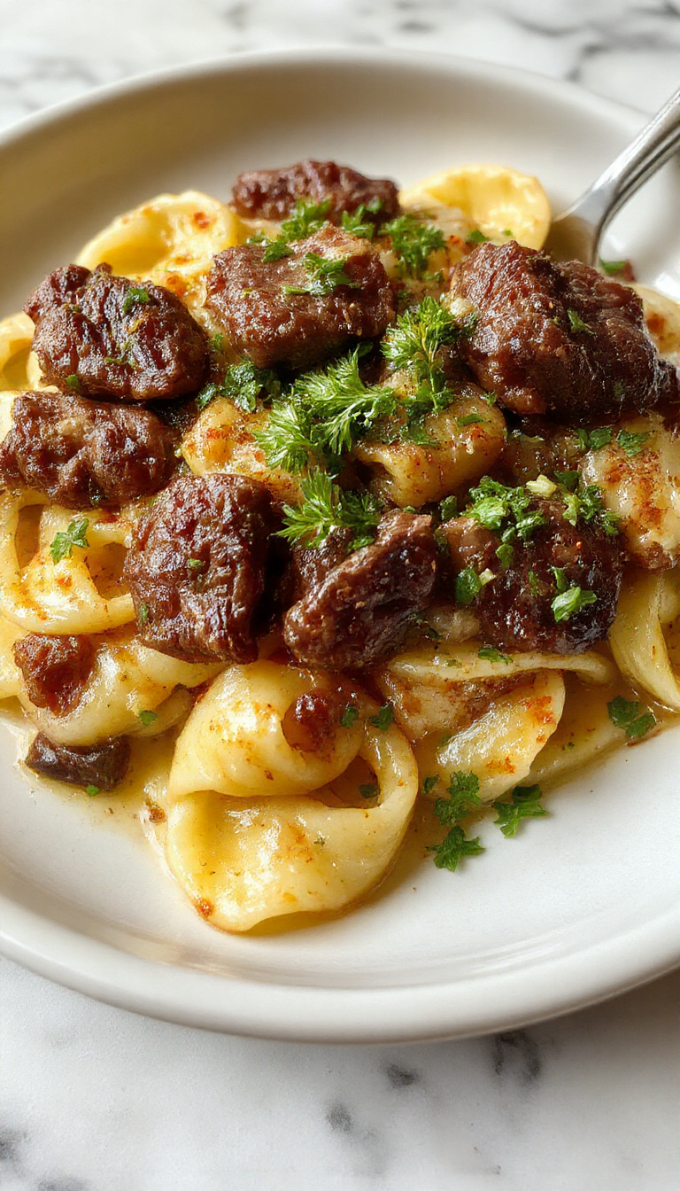 A close-up of a stylish white bowl filled with creamy garlic butter ground beef pasta, topped with freshly chopped parsley and a sprinkle of grated cheese. The bowtie pasta is coated in a rich, buttery sauce with bits of browned ground beef visible throughout, set against a rustic wooden table with a few cloves of garlic and sprigs of parsley nearby. The dish appears hot and appetizing, with a glossy finish and inviting texture.