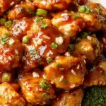 A vibrant plate of crispy General Tso's Chicken glazed with a glossy, spicy-sweet sauce, garnished with green scallions and sesame seeds, served alongside steamed rice.