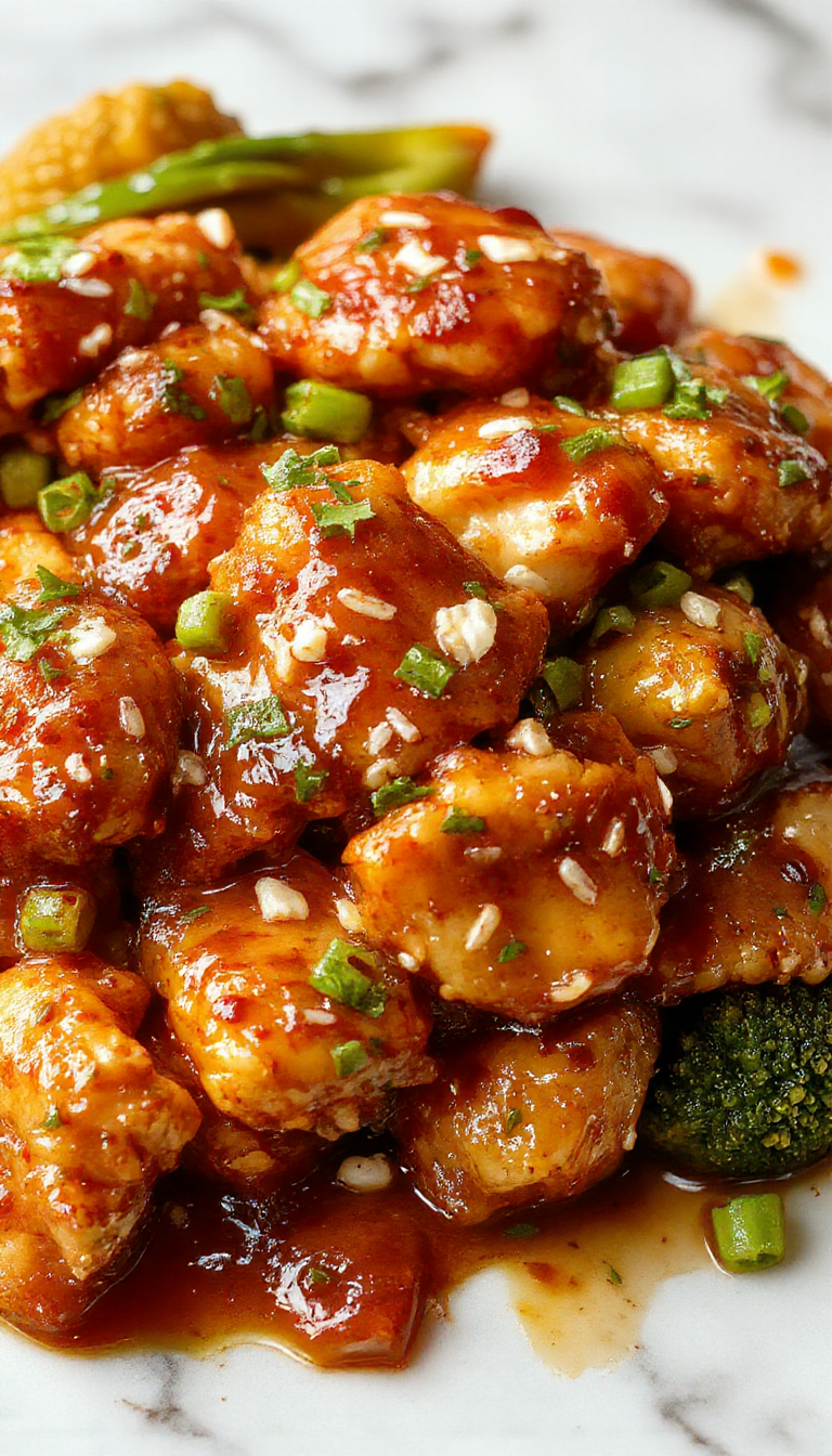 A vibrant plate of crispy General Tso's Chicken glazed with a glossy, spicy-sweet sauce, garnished with green scallions and sesame seeds, served alongside steamed rice.