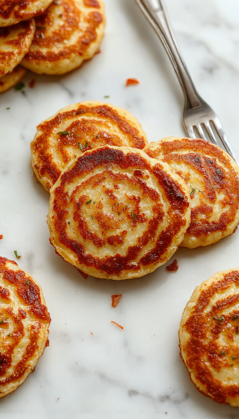 A stack of golden-brown German potato pancakes on a rustic white plate, garnished with fresh dill and a dollop of sour cream, with crispy edges and a tender interior visible.