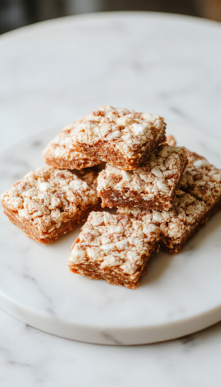 A close-up of golden-brown gingerbread-flavored Rice Krispie Treats shaped into squares, topped with a sprinkle of cinnamon. The treats are arranged on a festive red-and-green plaid paper, with some treat pieces stacked and slightly melting, showcasing their crispy texture with visible rice puff cereal.