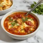 A steaming bowl of gluten free lasagna soup garnished with fresh basil, gooey melted cheese, and tender meat sauce, served on a rustic wooden table with a spoon resting beside it.