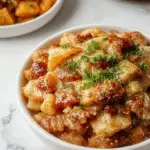 A rustic white baking dish filled with golden-brown Thanksgiving dressing, studded with visible chunks of sausage, herbs, and breadcrumbs, garnished with fresh parsley. The top is crispy and slightly uneven, showcasing a hearty, flavorful texture.